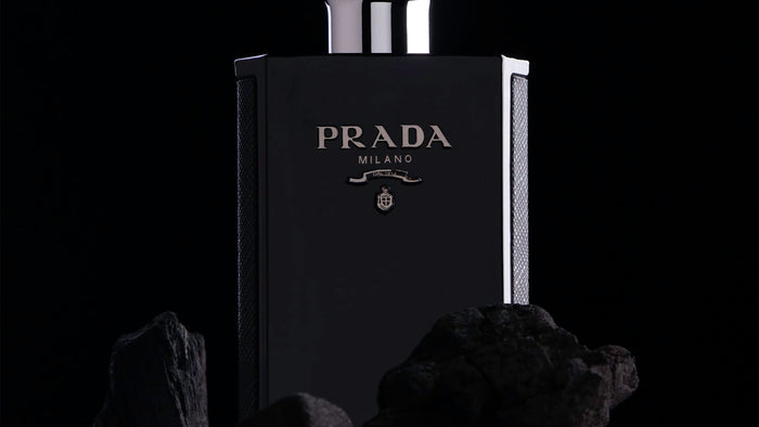 Minimalist designer perfume bottle in black and white