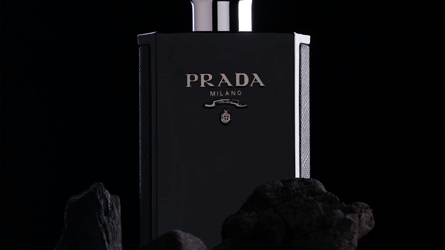 Minimalist designer perfume bottle in black and white